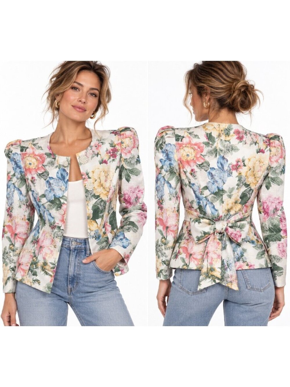 vintage 80s FLORAL PUFF SLEEVE JACKET blazer XS S cottagecore romantic bow